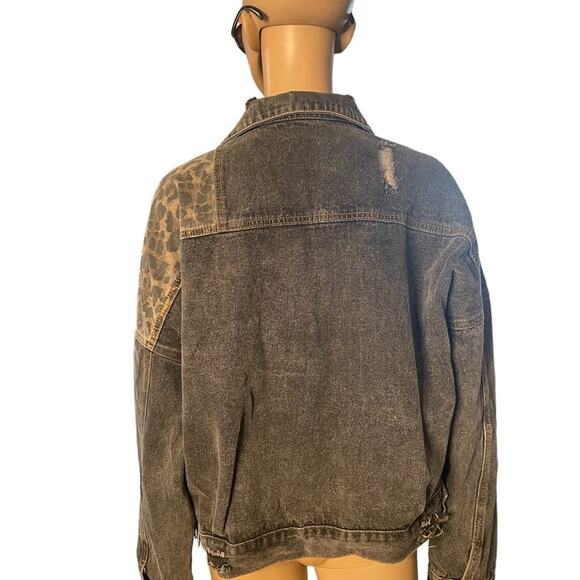 POL Denim JACKET Womens L Black Distressed Long Sleeves Animal Print Patchwork - Picture 4 of 14
